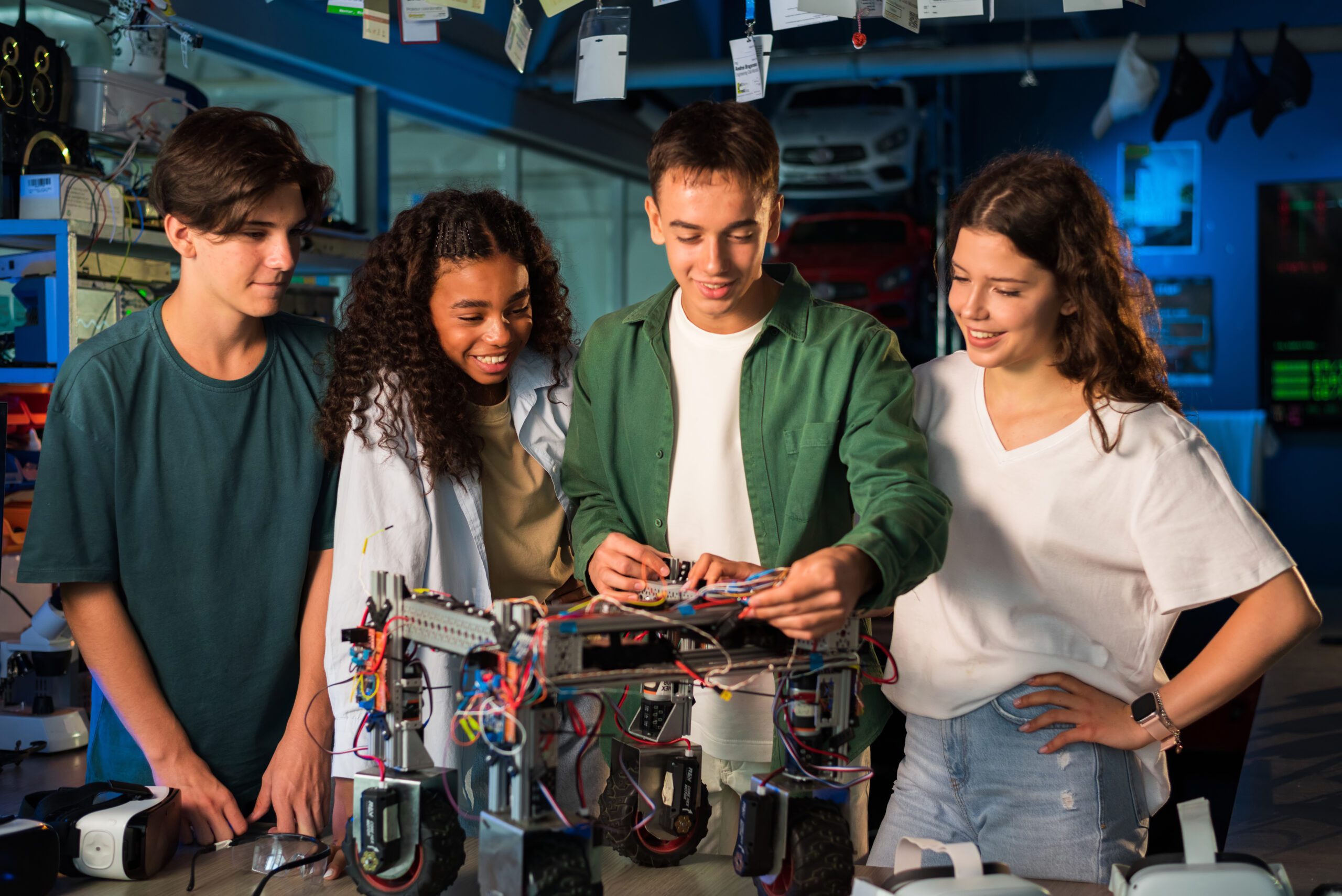 Group of young people doing experiments in robotics in a laboratory